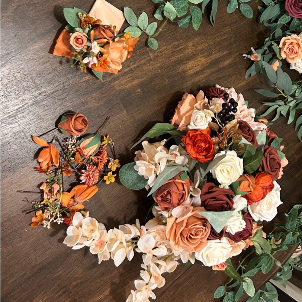 Silk Flowers - Bridal Bouquet & Hair Pieces and Grooms Pocket Square